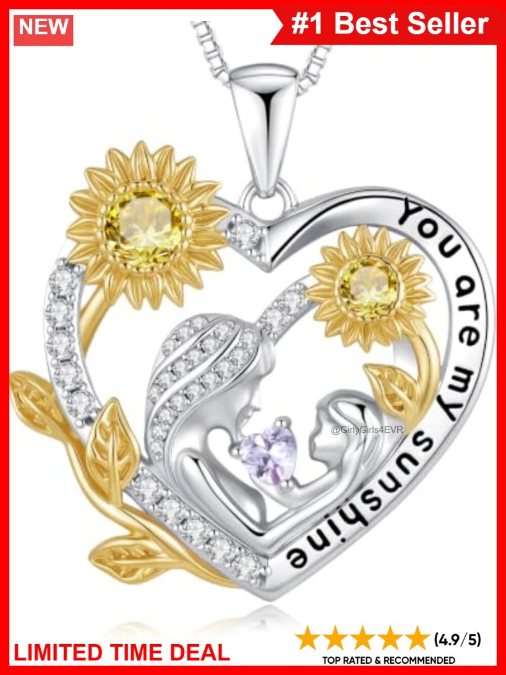 Sterling Silver Mother Daughter Sunflower Heart Necklace Birthstone